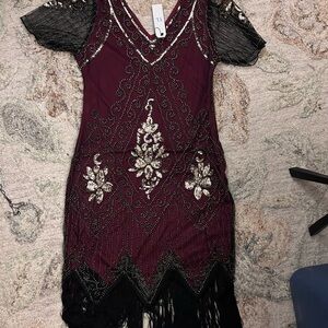 Elegant Burgundy and Black Beaded Dress flapper style large